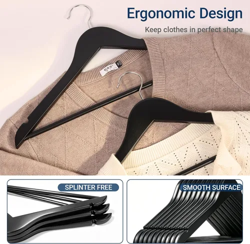 Miniatura 3 de Amber Home Solid Wood Suit Coat Hangers 30 Pack, Smooth Black Finish Wooden Dress Hangers with Non Slip Pant Bar, Clothes Hangers with 360 Swivel