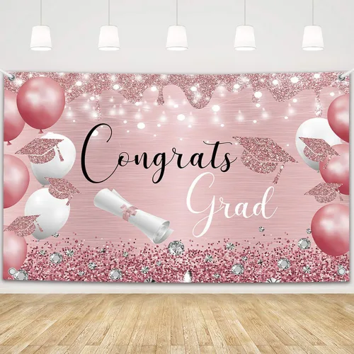 MEHOFOND Fondo de graduación de 6 x 3.6 pies, pancarta de graduación de oro rosa, globos rosados, decoraciones de clase de 2026, suministros de