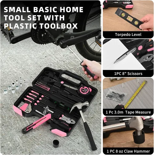 Miniatura 5 de Kit de herramientas de 144 piezas, color rosa, juego de herramientas básicas de reparación del hogar, kit de herramientas manuales para el hogar