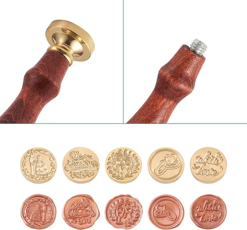 Miniatura 2 de Juego de sellos de cera, 6 piezas con tema de boda, cabeza de sello de cera con mango de madera de haya y varillas de cera de aleación, cuchara