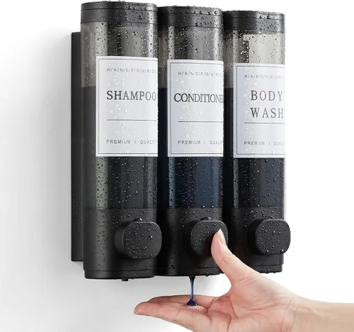 Miniatura 13 de Dispensador de champú y acondicionador, dispensador de jabón de ducha, 3 cámaras, sin taladro, dispensador de champú montado en la pared para ducha