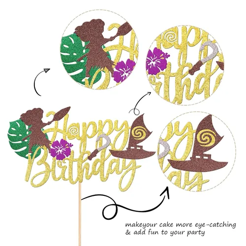 Miniatura 3 de 1 pieza de decoración de pastel de feliz cumpleaños Moana con purpurina de hoja de palma, flor de moana, selección de pastel tropical hawaiano Luau
