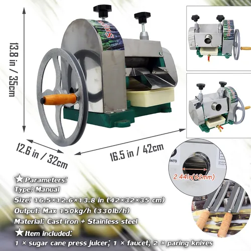 Miniatura 2 de INTSUPERMAI Exprimidor manual de caña de azúcar, máquina extractor de prensa comercial de caña de azúcar, exprimidor con salida de 110-330lb/h 2