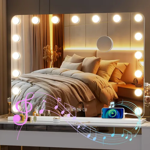 Miniatura 11 de Hasipu Hollywood Espejo de tocador con luces y altavoz Bluetooth, espejo de maquillaje de 29 x 20 pulgadas con 14 bombillas LED regulables, 3 modos