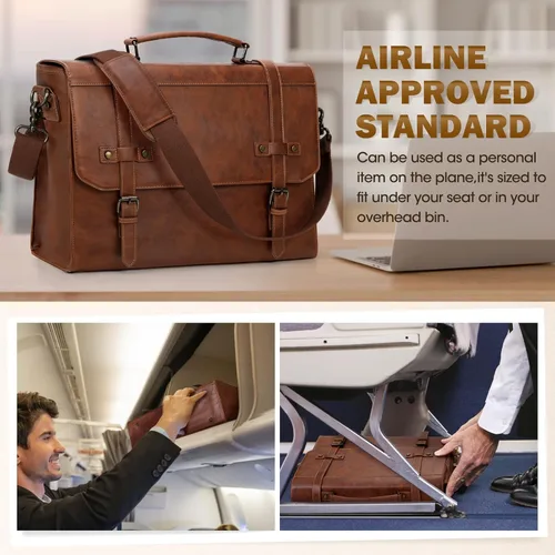 Miniatura 7 de RAINSMORE Bolsa de mensajero para hombre de 17 pulgadas, impermeable, de piel vintage, maletín para laptop, bolsa grande para laptop, bolsa de Marrón