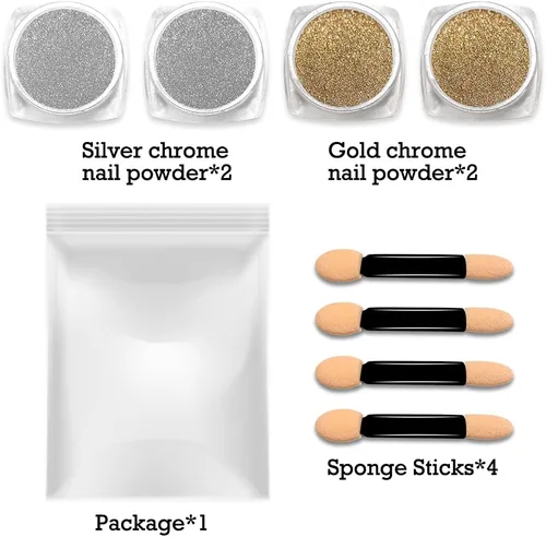 Miniatura 7 de Polvo de uñas cromado dorado y plateado – 4 tarros de sirena con purpurina efecto espejo brillante Aurora polvo para mujeres y niñas regalos