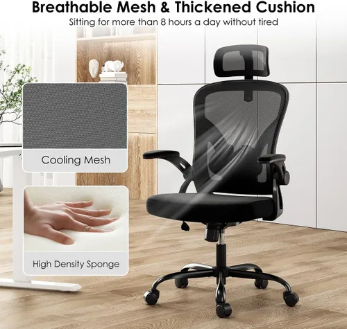 Miniatura 6 de Silla de oficina ergonómica de malla, silla de escritorio con respaldo alto y reposabrazos, soporte lumbar ajustable hacia arriba y hacia abajo
