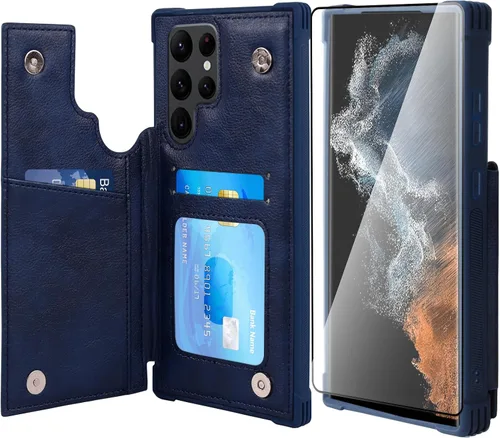 Miniatura 13 de VANAVAGY Funda tipo cartera compatible con Galaxy S22 con soporte para tarjetas de bloqueo RFID, piel sintética, cierre magnético, función atril