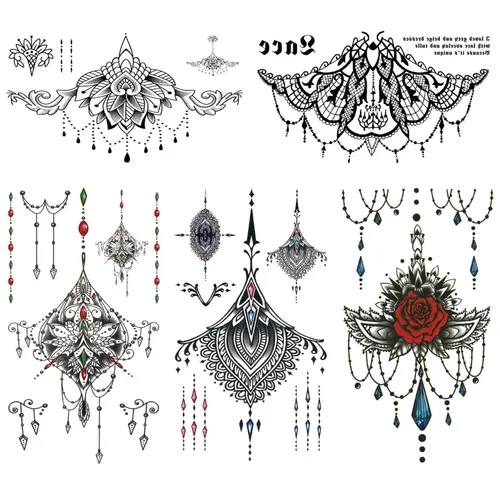 Miniatura 10 de GLARYYEARS Tatuajes temporales para debajo del busto y pecho para mujeres y niñas, paquete de 6, tatuajes falsos negros, realistas, grandes