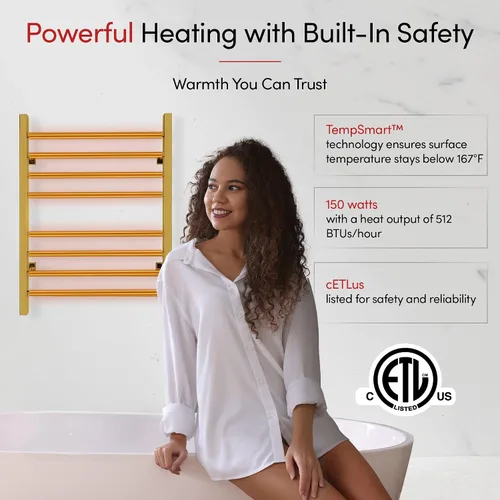 Miniatura 10 de WarmlyYours Toallero térmico para baño, calentador eléctrico de toallas y secadora de oro pulido, montado en la pared, enchufe o cableado de 120 V