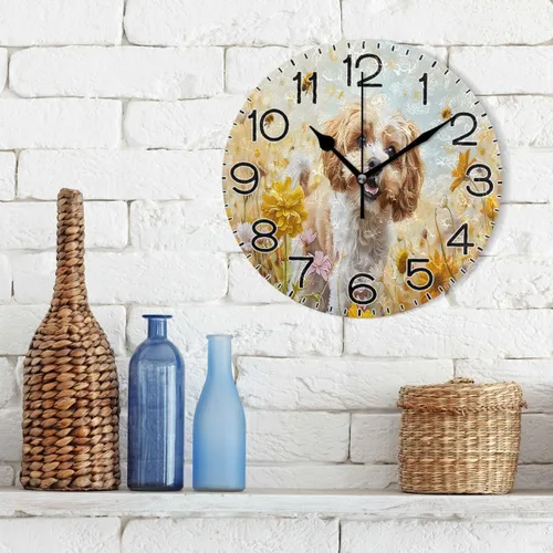 Miniatura 3 de ALAZA A Cockapoo - Reloj de pared con diseño de flores de perro, funciona con pilas, sin tictac, de cuarzo, analógico, rústico, rústico, reloj