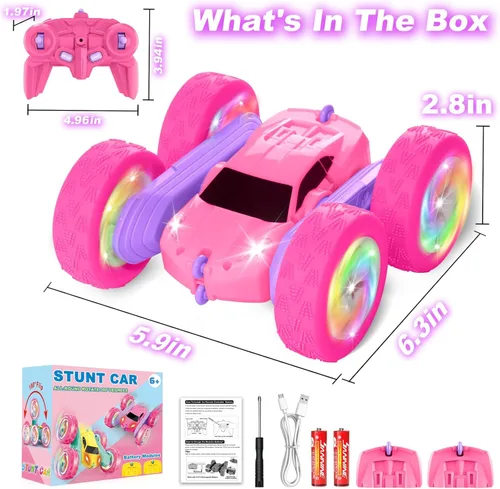 Miniatura 8 de Auto a control remoto, autos RC para niñas, rastreador RC de doble cara de 2.4 GHz con batería modular USB-C mejorada, juguetes de automóvil Rosa