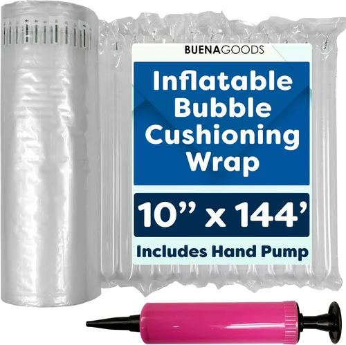 Rollo de envoltura inflable de burbujas de 10 pulgadas x 144 pies, incluye bomba, almohadas de aire grandes y resistentes para envío, almohadas de