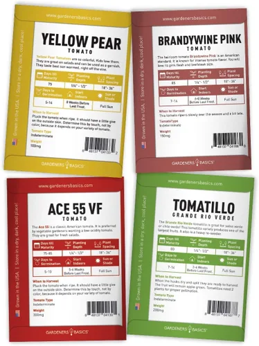 Miniatura 7 de Gardeners Basics, Tomates tradicionales para plantar 8 paquetes variados, San Marzano, Roma VF, cereza grande, Ace 55 VF, pera amarilla, tomatillo