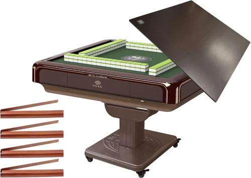 Miniatura 8 de Mesa Mahjong automática plegable ultra fina gris de 1.417 in azulejos numerados de Mahjong americano + 4 estantes + cubierta de mesa dura.