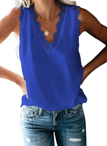 Miniatura 127 de VIISHOW - Camiseta sin mangas, sexy, con cuello en V y bordes de encaje para mujer, camisola de vestir, camisas de gasa, sin mangas, casuales