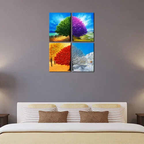 Miniatura 5 de Wieco Art Lienzo decorativo de 4 paneles para pared, diseño de árbol de cuatro estaciones, coloridas impresiones de paisaje de primavera, verano