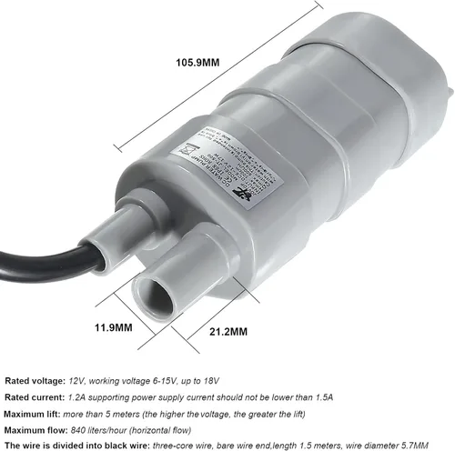 Miniatura 5 de Bomba de agua sumergible 12V 1.2A Bombas de alto flujo 14L/Min 600L/H 6-15V DC Bomba de agua miniatura de bajo ruido 4.9 ft Cable 5M Cabeza