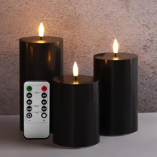 Velas de pilar sin llama negras con control remoto, velas LED parpadeantes de cera que funcionan con pilas, juego de 3 Negro