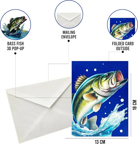 Miniatura 6 de Bass Fish - Tarjeta de felicitación emergente 3D Diseño de tarjeta de cumpleaños emergente hecha a mano simbólica para cumpleaños, aniversarios