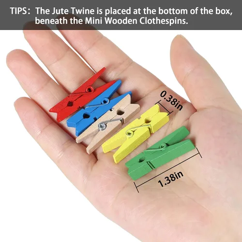 Miniatura 6 de HSTECH 100 piezas de mini pinzas de madera natural verde y 25 m de cuerda de yute, pinzas para ropa de bebé, pinzas de 3.5 cm para manualidades