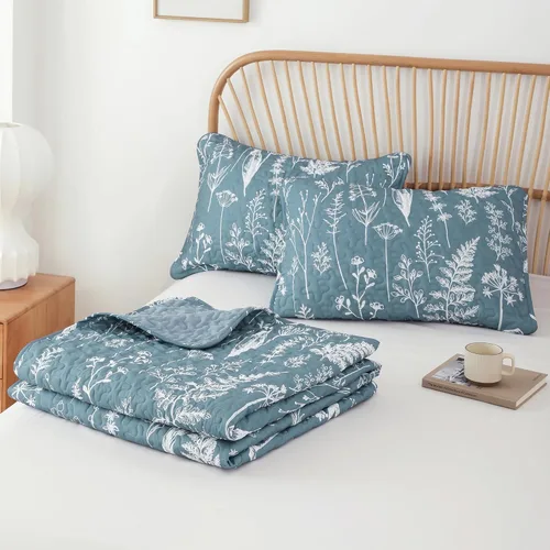 Miniatura 8 de JANZAA Edredón Tamaño Queen de 3 Piezas con Diseño Botánico, Juego de Colchas Tamaño Queen con Estampado Floral, Edredón Ligero de Microfibra Azul