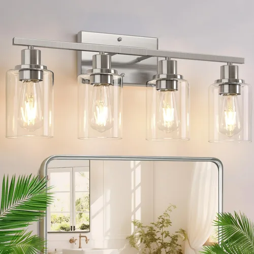 Indoi Lámparas de baño de 4 luces, luces de tocador de níquel cepillado con pantallas de vidrio transparente, moderna lámpara de pared de baño para