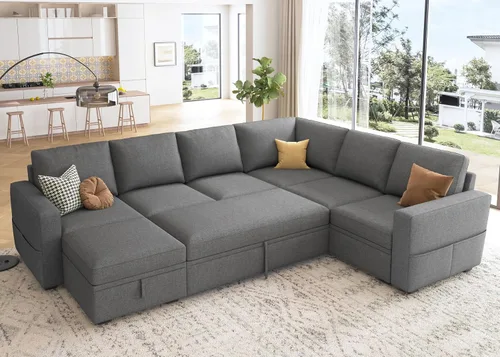 Miniatura 27 de HONBAY Sofá seccional modular con cama extraíble, sofá cama con forma de U extraíble con secciones de almacenamiento para sala de estar - Beige
