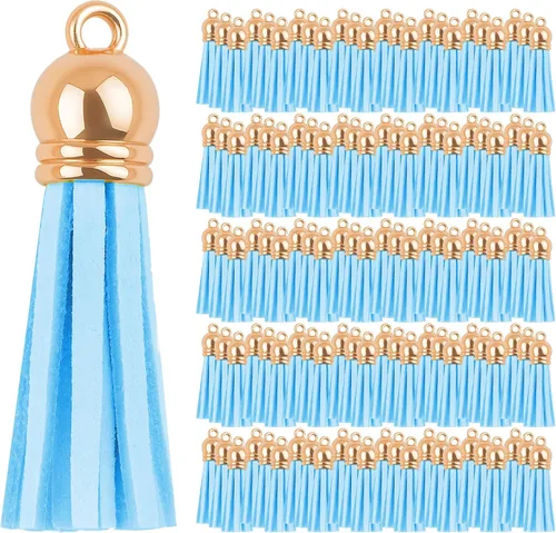 Miniatura 25 de Mandala Crafts 100 borlas de gamuza sintética color aguamarina con tapa dorada, suministros para hacer llaveros a granel, pequeñas borlas de cuero