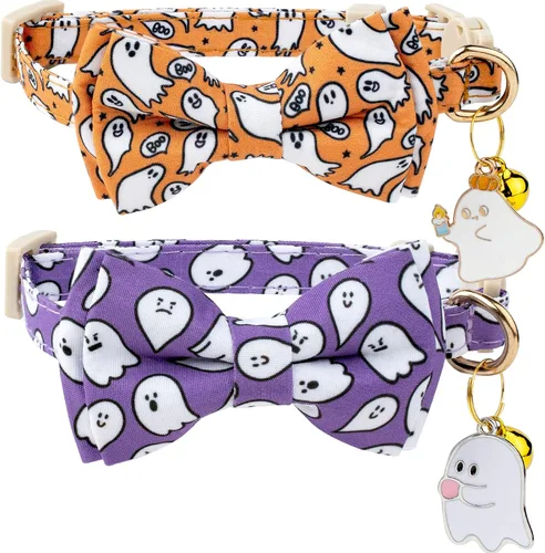 Miniatura 11 de Faygarsle Paquete de 2 bonitos collares de gato de temporada para Halloween y otoño, collar separable con cascabeles, corbatín, bonitos patrones