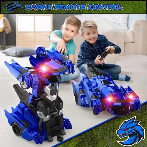 Miniatura 6 de Kroyedfuw Coches RC Transformables de Dinosaurio, Coche de Control Remoto 2.4Ghz que se Transforma en Robot con Luz Intermitente, Rotación 360°