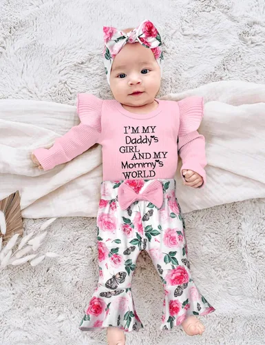 Miniatura 2 de Ropa de bebé niña, 4 piezas, trajes de niña recién nacida, con volantes, mameluco de campana para bebé, diadema, bandana, conjuntos de ropa, regalos