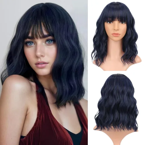 Miniatura 27 de VCKOVCKO Peluca natural ondulada rosa pastel, pelucas coloridas con flequillo de aire, pelucas cortas estilo Bob para mujer, pelucas largas hasta