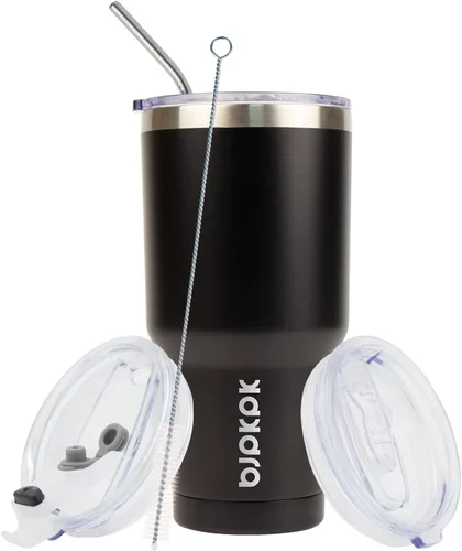 Miniatura 4 de BJPKPK - Vaso de 30 onzas de acero inoxidable con tapa y pajilla, taza de café para viaje con aislamiento térmico, reutilizable, color negro