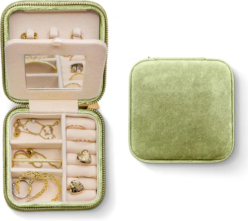Estuche de viaje para joyas de terciopelo de felpa, caja organizadora pequeña con espejo para mujer, color verde muérdago