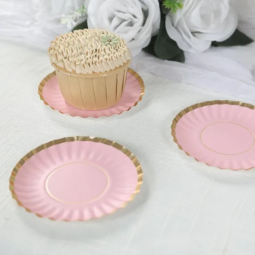 Efavormart - Paquete de 50 mini platos de papel color rubor de 3.5 pulgadas con borde festoneado dorado, platos de postre de 7.86 oz/m² para