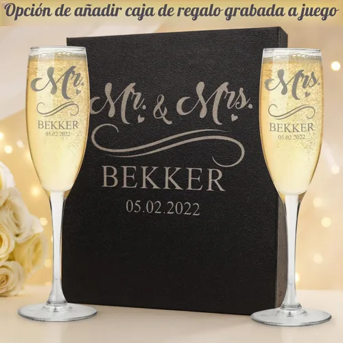 Miniatura 5 de Juego de 2 copas de champán personalizadas – Flautas de champán grabadas Mr and Mrs – Regalo de cristalería con tallo personalizado para boda