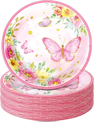 Zopeal 60 platos de papel de mariposa primaveral a granel de 9 pulgadas con flores rosas florales desechables para tartas de postre, decorativos