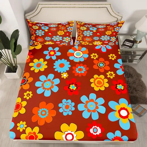 Miniatura 34 de Juego de ropa de cama con diseño floral bohemio, tamaño individual, diseño retro de flores groovy, 60S y 70S, diseño de flores hippie para niños