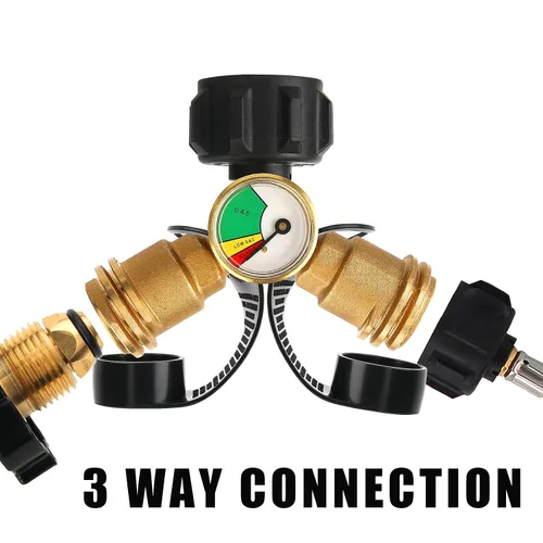 Miniatura 5 de Conexión de tanque de propano doble, adaptador divisor en Y de tanque de propano con manómetro, indicador de nivel, medidor de presión de gas