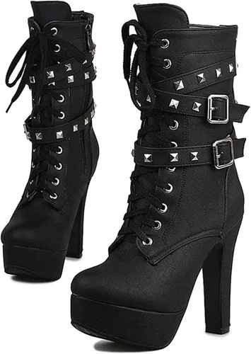 Miniatura 3 de ForeMode- Botines de otoño de tacón alto para mujer con cordones puntera redonda tacón grueso y plataforma Botines modelo Knight Martin