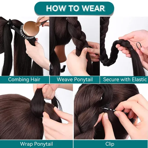 Miniatura 4 de EMMOR Extensión de cola de caballo larga trenzada con cabello lacio envolvente, extensiones de cabello sintético suave y saludable para mujeres