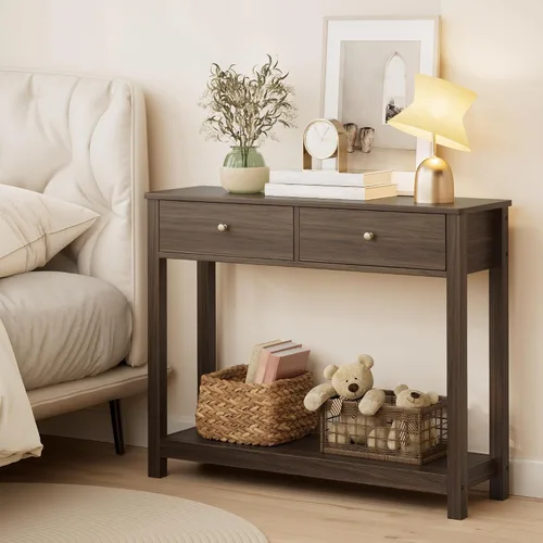 Miniatura 5 de Gizoon - Mesa de consola con 2 cajones, mesa de entrada de 2 niveles de madera con estantes de almacenamiento, mesa de sofá de 39" de ancho