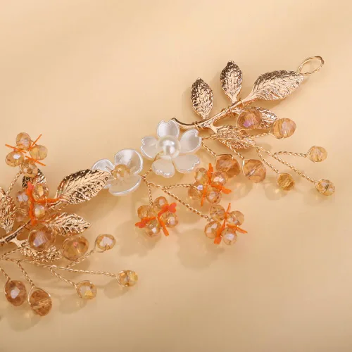 Miniatura 5 de Aimimier Diadema bohemia con hojas de flores y perlas de cristal para mujeres y niñas, 1 recuento (paquete de 1), Metal Cristal