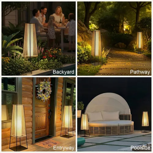 Miniatura 7 de Juego de 2 lámparas de pie para exteriores, faroles solares de ratán impermeables para exteriores, para balcón, terraza, jardín y patio (natural)