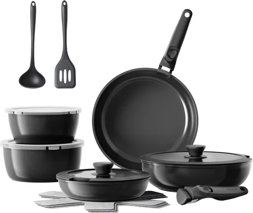 Redchef Juego de 16 piezas de ollas y sartenes de cerámica antiadherentes, juego de utensilios de cocina antiadherentes con mango desmontable, no