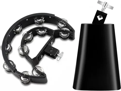 MOONBACK Tambourine and 6 Inch Cowbell Kit, Drum Set Tambourine with Mounting Eye Bolt, Black