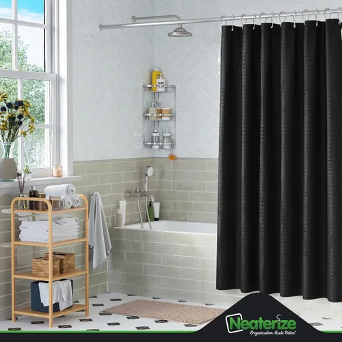 Miniatura 6 de NEATERIZE Cortina de Ducha Negra para Baño - Cortina de Ducha Waffle Estilo Hotel - Cortina de Baño de 72x72 Pulgadas - Cortinas De Baño