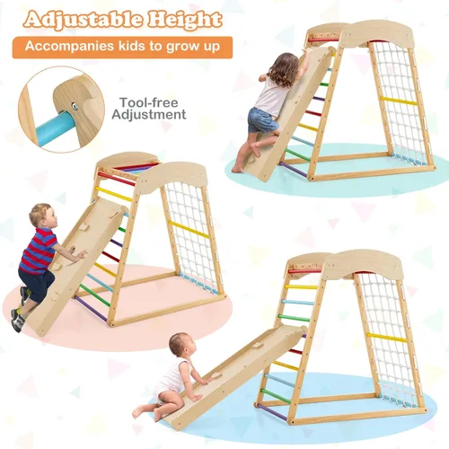 Miniatura 5 de Costzon Gimnasio interior de la selva, juguetes de escalada Montessori 6 en 1 para niños pequeños con tobogán de doble cara, escalada de roca/red