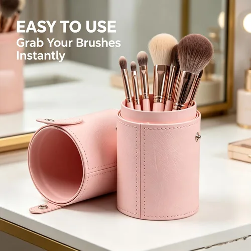 Miniatura 6 de PU Leather Makeup Storage Holder Cosmetic Cup, Travel Makeup Brush Holder Organizer Case with Button Closure, Portable Cosmetic Brush Storage